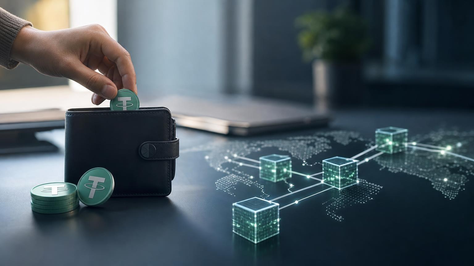 شاشة محفظة تعرض إرسال USDT عبر شبكة TRON مع مراجعة عنوان الاستلام والرسوم وحالة تأكيد المعاملة